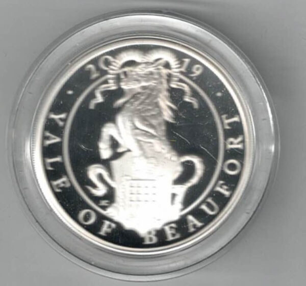 2019 Silver Proof One Ounce Yale of Beaufort. The coin contains one ounce of 999 fine silver. All of our silver coins are in stock.