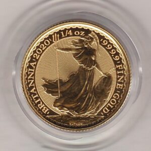 2020 Gold Quarter Ounce Britannia coin featuring Queen Elizabeth II on the Obverse. The standing Britannia on the Reverse.