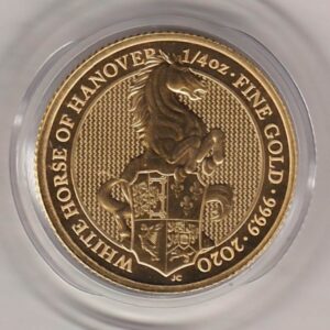 2020 Gold Quarter Ounce Queen's Beasts The White Horse Of Hanover Coin. The obverse features Queen Elizabeth II. The reverse features a Horse.