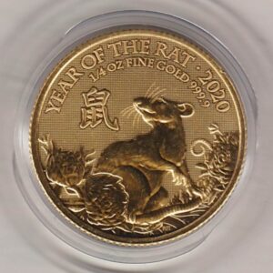 2020 Gold Quarter Ounce Coin. This coin features Queen Elizabeth II on the obverse. The Lunar series to celebrate the Year Of The Rat on the reverse.