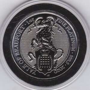 2020 Platinum One Ounce Coin. The coin features the portrait of Queen Elizabeth II on the obverse and the image of the Yale of Beaufort on the reverse.