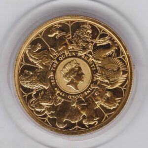 2021 Gold One Ounce Queen's Beast coin featuring Queen Elizabeth II on the obverse and the ten heraldic beasts on the reverse. One ounce fine gold coin.