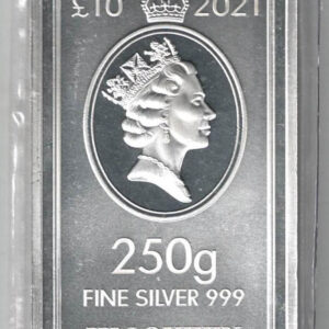 2021 St Helena East India Company 250 Gram Silver Bar This bar contains 250 grams of 999 fine Silver. All of our silver bars have been pre-owned.