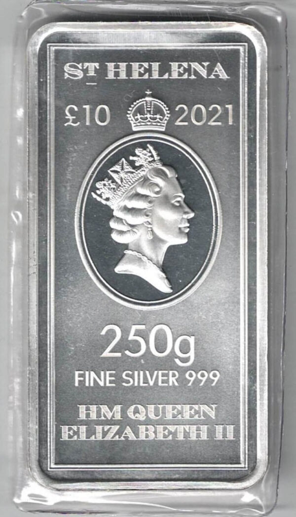 2021 St Helena East India Company 250 Gram Silver Bar This bar contains 250 grams of 999 fine Silver. All of our silver bars have been pre-owned.