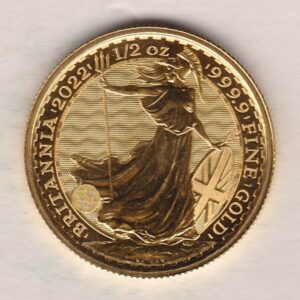 2022 Gold Half Ounce Britannia coin. This coin features Queen Elizabeth II on the Obverse. The standing Britannia completes the Reverse.