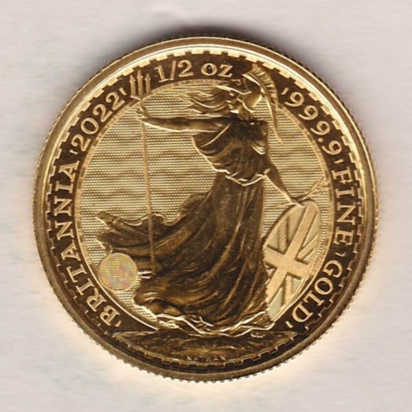2022 Gold Half Ounce Britannia coin. This coin features Queen Elizabeth II on the Obverse. The standing Britannia completes the Reverse.