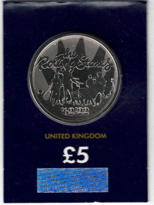 2022 The Rolling Stones Five Pound Coin This coin comes in the change checker card presentation packet in mint condition.