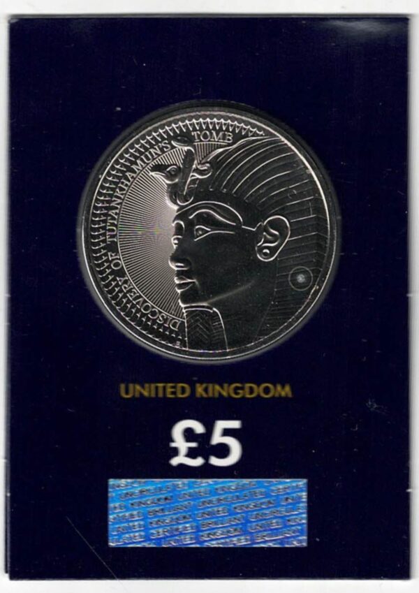 2022 Five Pound Tutankhamun's Tomb Coin. This coin comes in the change checker card presentation packets in mint condition. Queen Elizabeth II on Obverse.