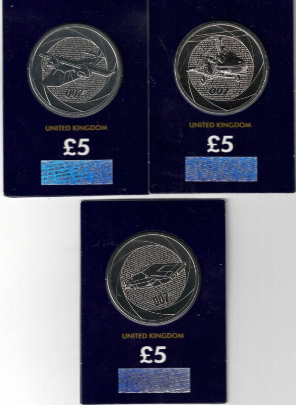 2023 & 2024 Five Pound 007 James Bond Coins. These three coins come in the change checker card presentation packets in mint condition.