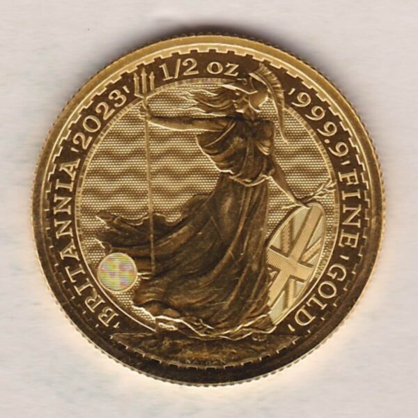 2023 Gold Half Ounce Britannia coin. This coin features Queen Elizabeth II on the Obverse. The standing Britannia completes the Reverse.