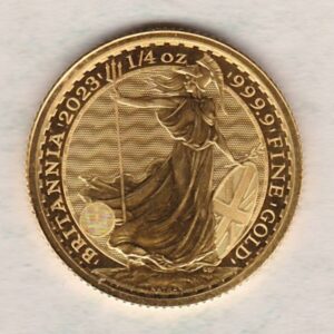 2023 Gold Quarter Ounce Britannia coin. The coin features King Charles III on the Obverse. The standing Britannia on the Reverse.