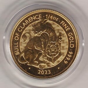 2023 Gold Quarter Ounce Bull Of Clarence Coin. This coin features King Charles III on the obverse. The Bull Of Clarence on the reverse.