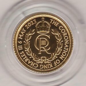 2023 Gold Tenth Ounce Coronation coin featuring King Charles III on the Obverse. The personal Royal cypher symbol on the Reverse.