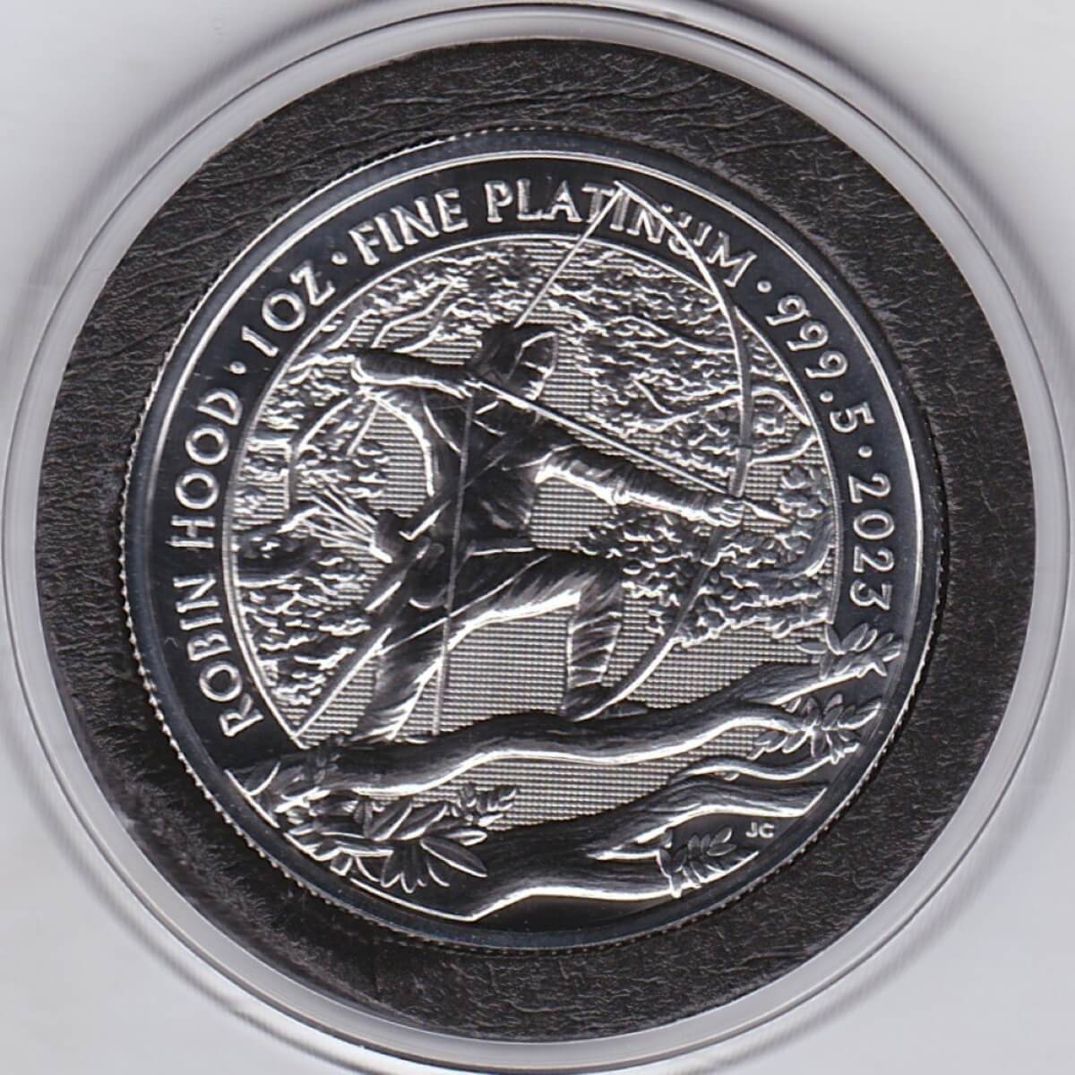 2023 Platinum One Ounce Coin. The coin features the portrait of Queen Elizabeth II on the obverse and the image of Robin Hood on the reverse.