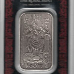 Royal Mint One Ounce Silver Antique Finish Odin Bar. All of our silver bars are in stock. This bar contains One ounce of 999 fine Silver.