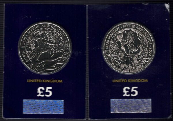 2024 Five Pound Coins. Maid Marian and Robin Hood. These two coins come in the change checker card presentation packets in mint condition.
