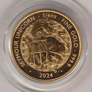 2024 Gold Quarter Ounce Seymour Unicorn Coin. This coin features King Charles III on the obverse. The Seymour Unicorn on the reverse.