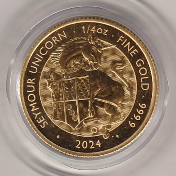 2024 Gold Quarter Ounce Seymour Unicorn Coin. This coin features King Charles III on the obverse. The Seymour Unicorn on the reverse.
