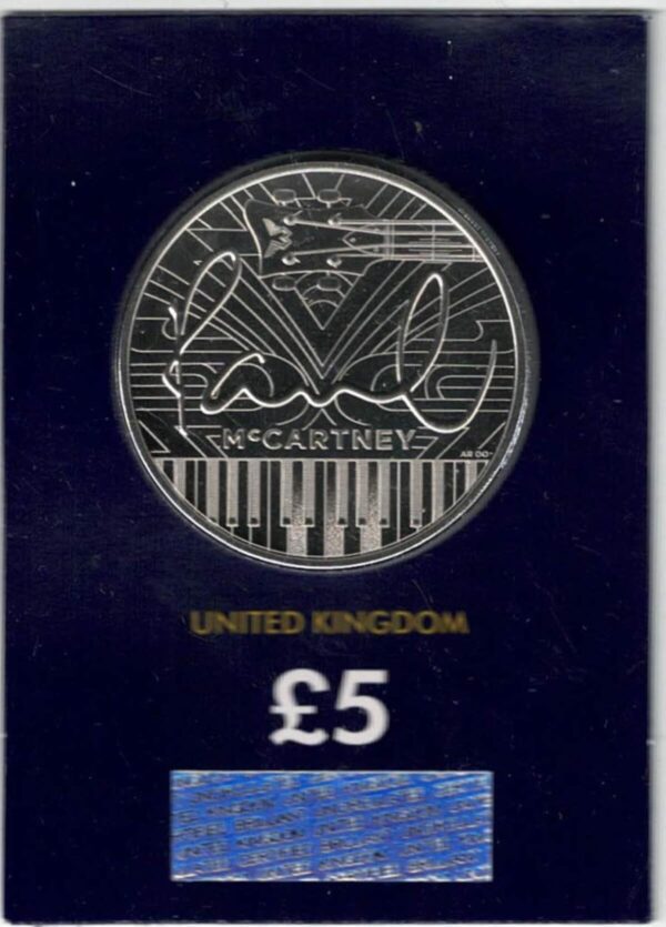 2024 Paul McCartney Five Pound Coin. This coin comes in the change checker card presentation packets in mint condition. King Charles III on Obverse.