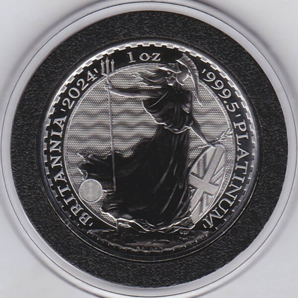 2024 Platinum One Ounce Britannia Coin. The coin features the portrait of King Charles III on the obverse and the image of Britannia on the reverse.