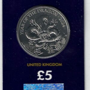 2024 Year Of The Dragon Five Pound Coin. This coin comes in the change checker card presentation packets in mint condition. King Charles III on Obverse