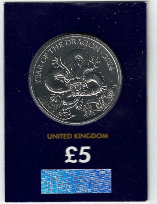 2024 Year Of The Dragon Five Pound Coin. This coin comes in the change checker card presentation packets in mint condition. King Charles III on Obverse