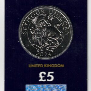 2024 Five Pound Coin, Seymour Unicorn. This coin comes in the change checker card presentation packet in mint condition. King Charles III on obverse.