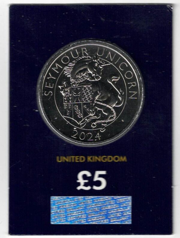 2024 Five Pound Coin, Seymour Unicorn. This coin comes in the change checker card presentation packet in mint condition. King Charles III on obverse.