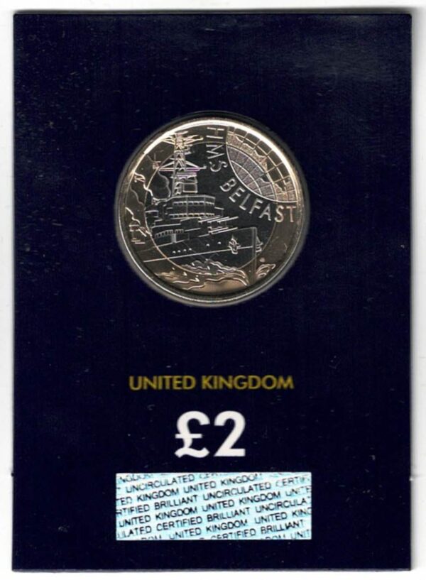 2025 Two Pound Coin featuring HMS Belfast on the reverse and Charles III on the Obverse. All coins are in stock for dispatch.