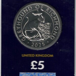 2025 Five Pound Coin, Greyhound Of Richmond. This coin comes in the change checker card presentation packet in mint condition. King Charles III on obverse.
