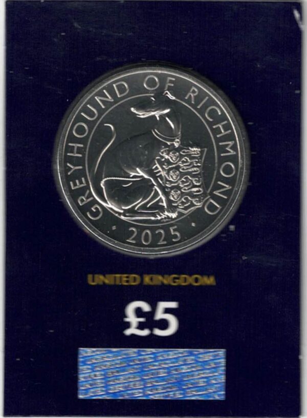 2025 Five Pound Coin, Greyhound Of Richmond. This coin comes in the change checker card presentation packet in mint condition. King Charles III on obverse.