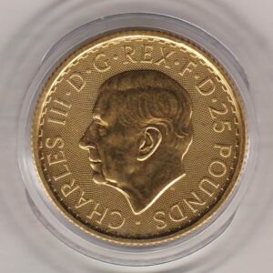 2025 Gold Quarter Ounce Britannia coin. The coin features King Charles III on the Obverse. The standing Britannia on the Reverse.