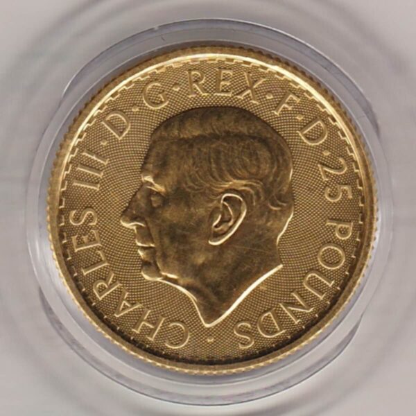 2025 Gold Quarter Ounce Britannia coin. The coin features King Charles III on the Obverse. The standing Britannia on the Reverse.