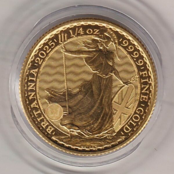 2025 Gold Quarter Ounce Britannia coin. The coin features King Charles III on the Obverse. The standing Britannia on the Reverse.
