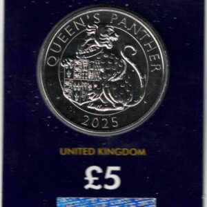 2025 Five Pound Coin, Queen's Panther. This coin comes in the change checker card presentation packet in mint condition. King Charles III on obverse.
