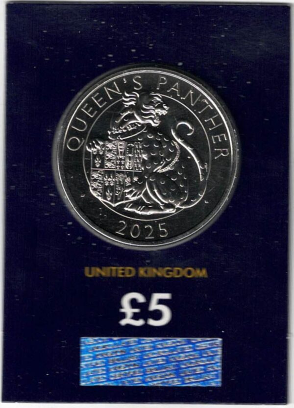 2025 Five Pound Coin, Queen's Panther. This coin comes in the change checker card presentation packet in mint condition. King Charles III on obverse.