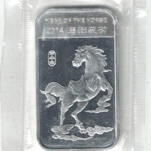 Sealed 2014 Year Of The Horse One Ounce Silver Bar. All of our silver bars have been pre-owned and are in stock. You are buying one silver bar.