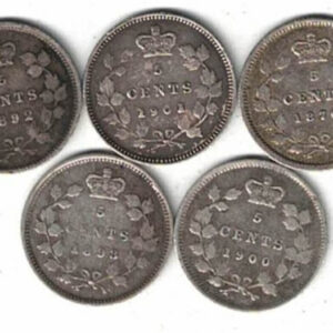Five Canada Silver Five Cent Coins. The obverse side of the coin features the portrait of young Queen Victoria facing left.