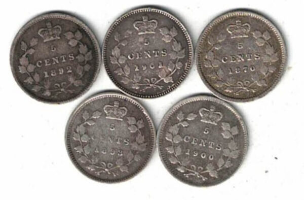 Five Canada Silver Five Cent Coins. The obverse side of the coin features the portrait of young Queen Victoria facing left.