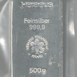 Sealed 500 Gram Heraeus Silver Bar. This bar contains 500 grams of 999 fine Silver. All of our silver bars have been pre-owned and are in stock.