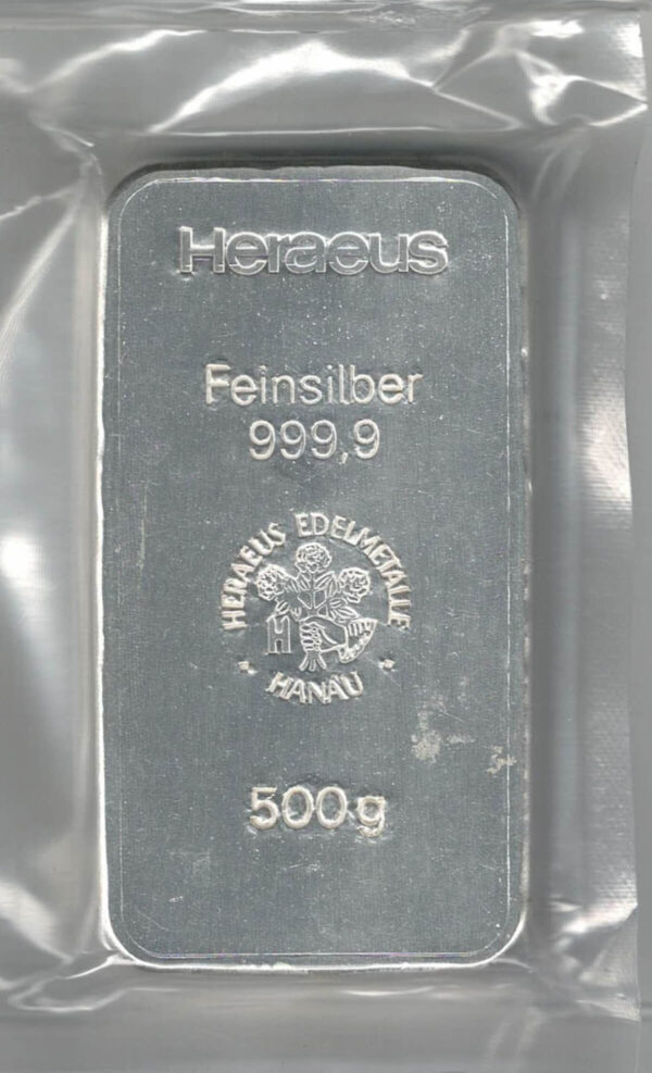 Sealed 500 Gram Heraeus Silver Bar. This bar contains 500 grams of 999 fine Silver. All of our silver bars have been pre-owned and are in stock.