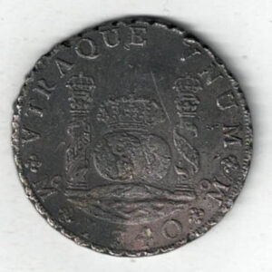 Shipwreck 1740 MF Mexico Silver Eight Reales Coin . The obverse features a crowned shield of arms flanked by initials and value. All coins are in stock.