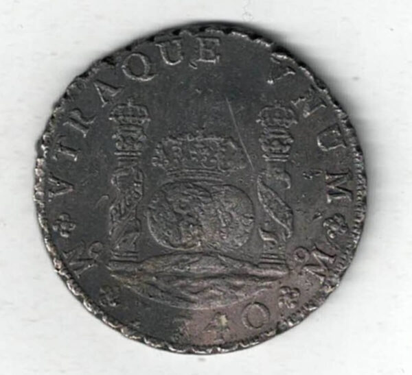 Shipwreck 1740 MF Mexico Silver Eight Reales Coin . The obverse features a crowned shield of arms flanked by initials and value. All coins are in stock.
