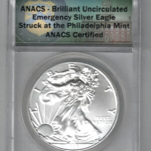 Slabbed ANACS 2020 Silver USA One Ounce Eagle. The liberty is on the obverse, The eagle is on the reverse. The coin contains one ounce of 999 fine silver.