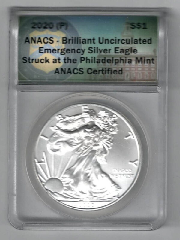 Slabbed ANACS 2020 Silver USA One Ounce Eagle. The liberty is on the obverse, The eagle is on the reverse. The coin contains one ounce of 999 fine silver.