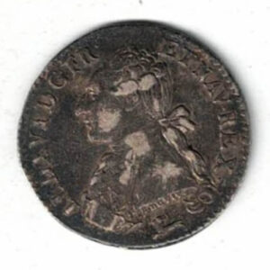 1786 R France Silver One Fifth Ecu Coin. The reverse features the oval shield of France crowned between two olive branches.