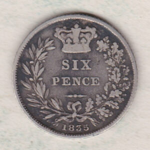 1835 silver sixpence coin featuring King William IV on the Obverse. The crowned denomination within a wreath and date below on the Reverse.