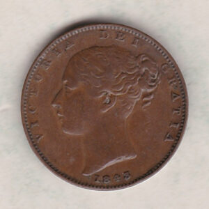 1843 copper farthing coin featuring the young head Queen Victoria on the Obverse. Britannia seated facing right on the Reverse.