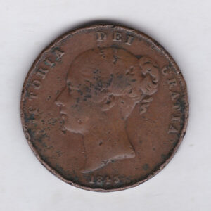 1843 copper penny coin featuring the young head portrait of Queen Victoria on the Obverse. The coin depicts Britannia seated to the right on the Reverse.