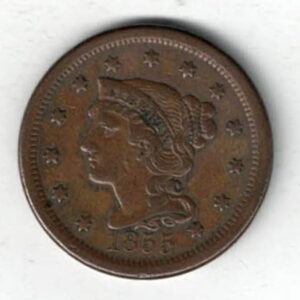 1855 Slanted 5s USA Copper Liberty One Cent Coin. The Obverse features a liberty bust with 13 stars and date below. All coins are in stock.
